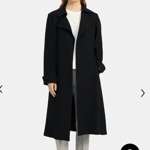 Theory lightweight black crepe trench. Belt tie. Lightly lined. EUC